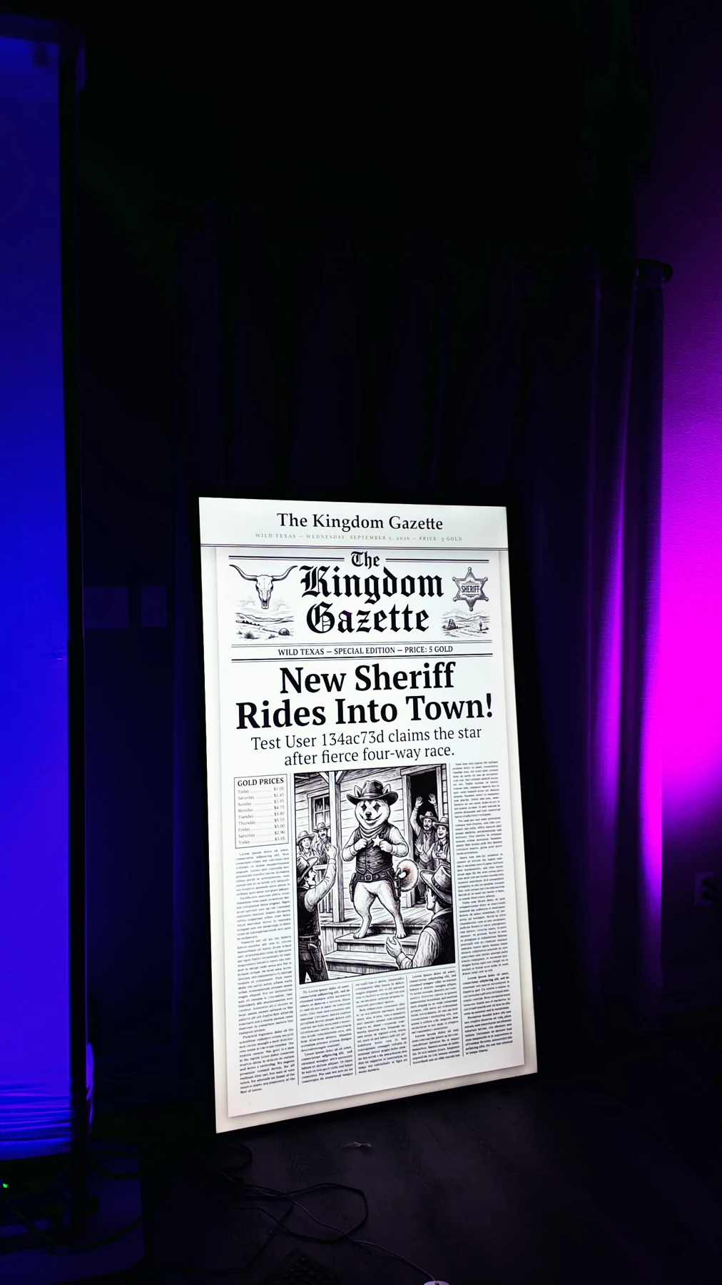 The Kingdom Gazette, a printed newspaper prop made for a live game.